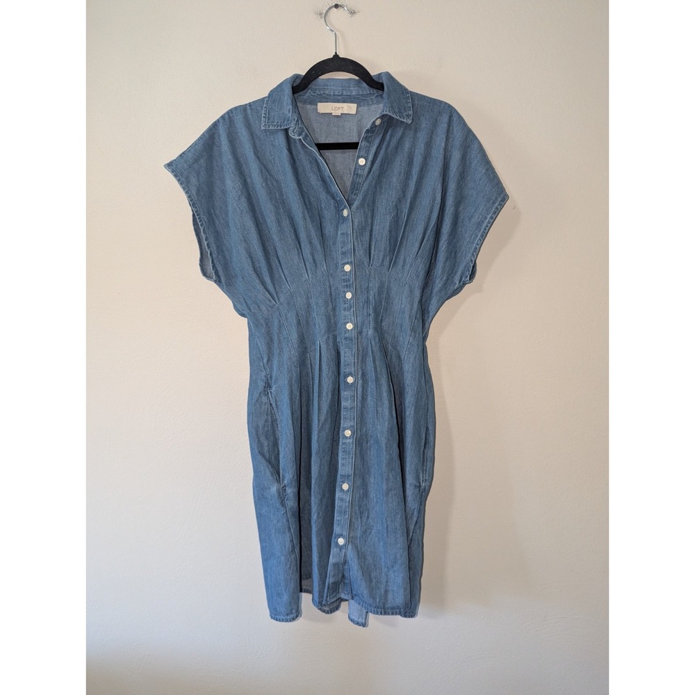 S LOFT Chambray Pleated Mini Pocket Shirtdress